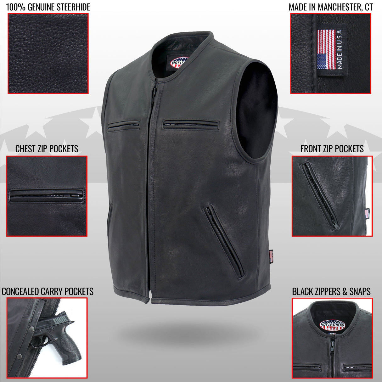 Made in the USA - Hot Leathers VSM5001 Men's Premium Steerhide Motorcycle Vest