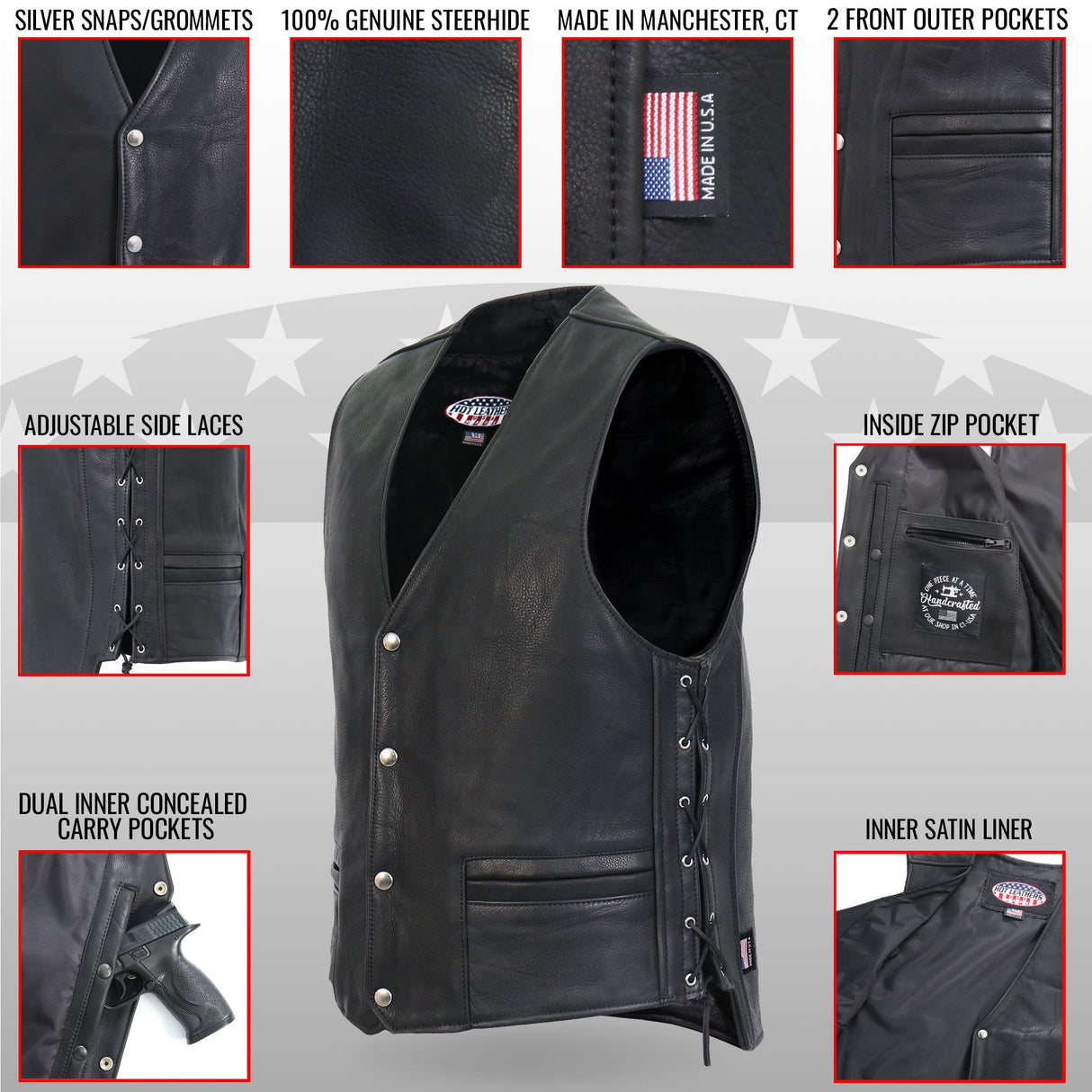 Made in USA - Hot Leathers VSM5003 Men's Extra Long Back Premium Steerhide Vest