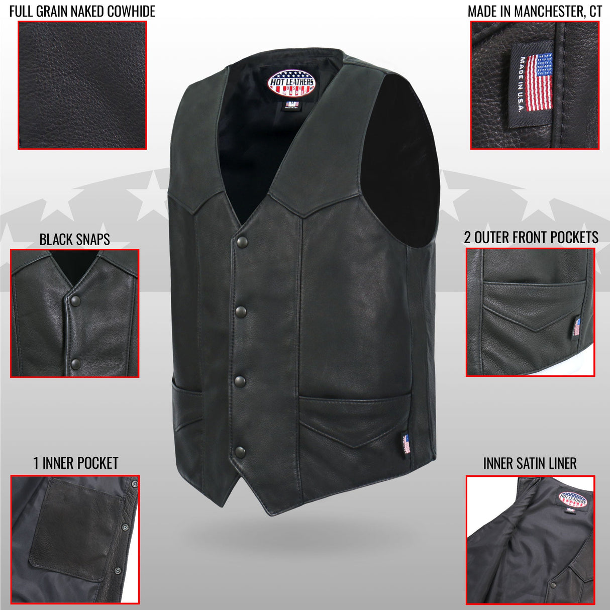 Made in USA - Hot Leathers VSM5006 Men's Classic Premium Biker motorcycle Leather Vest