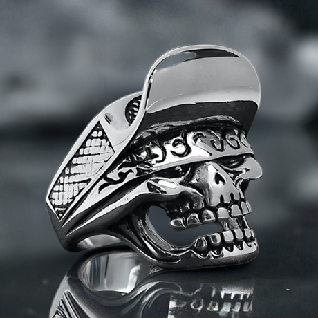 Skull with Trucker Hat - Stainless Steel Ring