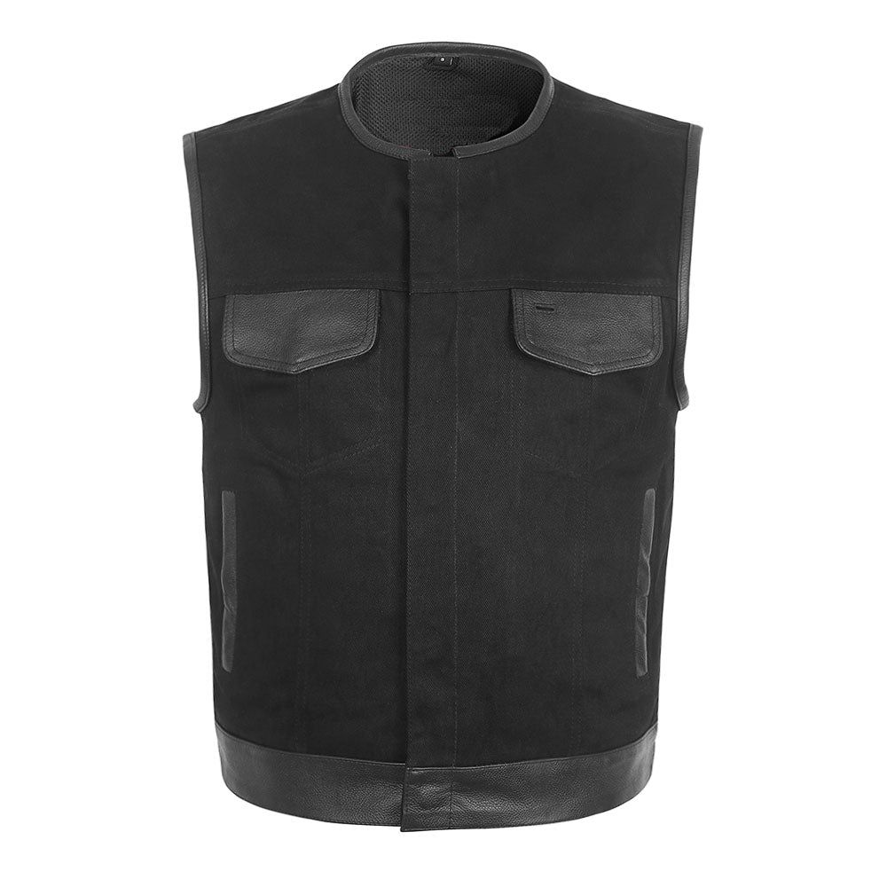 Black Denim Vest with Leather Accents