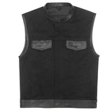 Black Denim Vest with Leather Accents