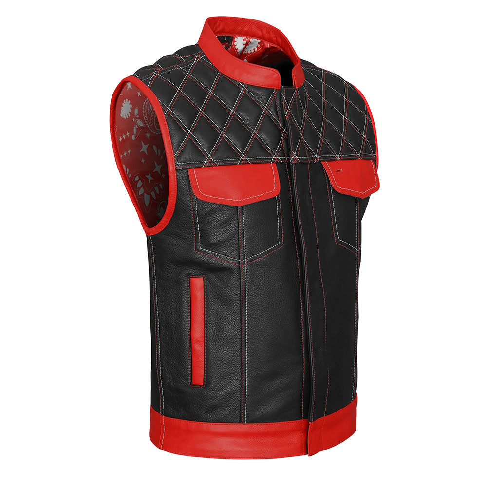 Red and White Vest with Diamond Stitch and Bandana Liner – Leather