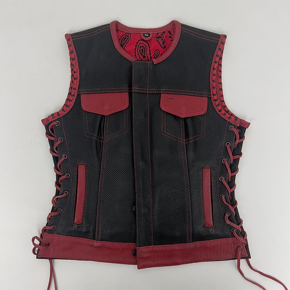 Ladies Perforated Leather Vest with Red Accents - Size 33