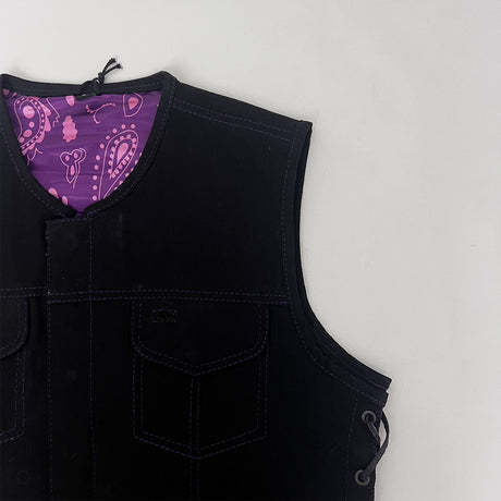 Ladies Black Denim Vest with Purple and Pink Bandana Liner - Size 38