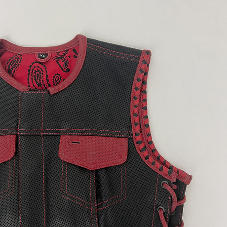 Ladies Perforated Leather Vest with Red Accents - Size 33