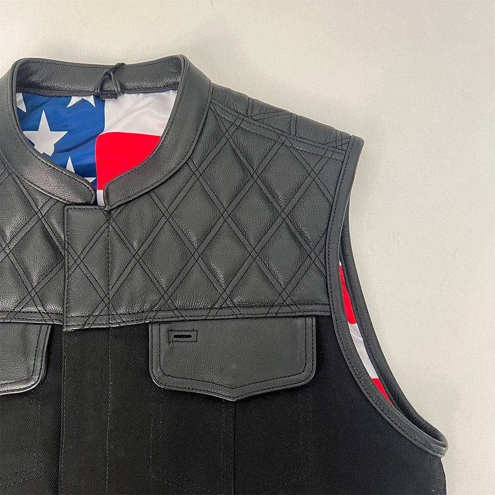 Hybrid Denim/Leather Vest with American Flag Liner - Size Large (45)