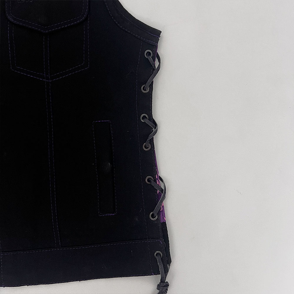 Ladies Black Denim Vest with Purple and Pink Bandana Liner - Size 38