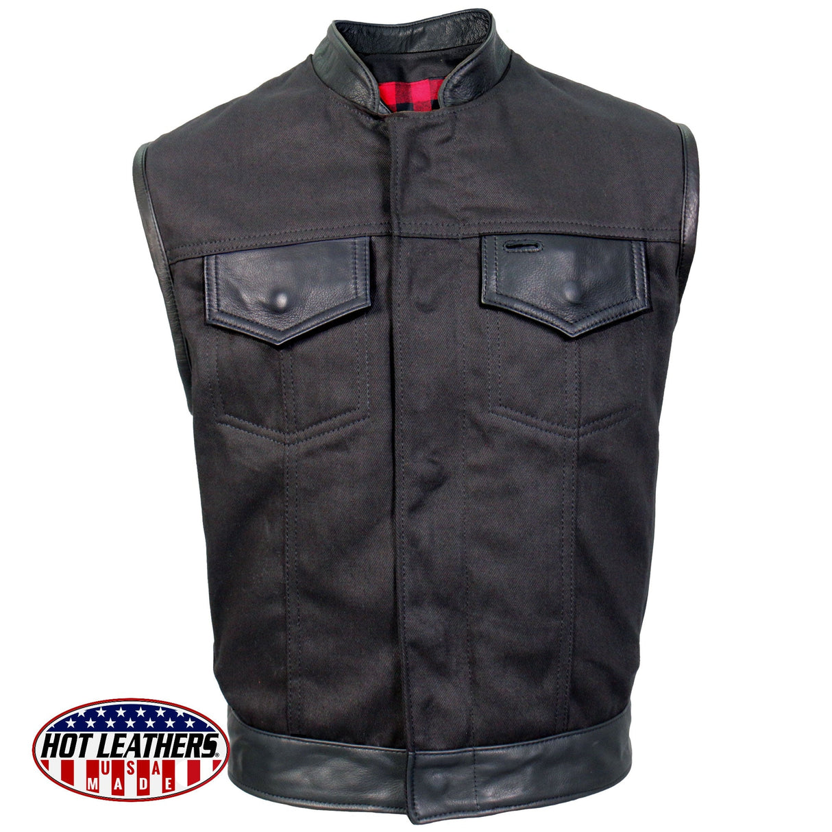 Made in the USA - Hot Leathers VSM5101 Men's Denim and Leather Vest with Red Lining