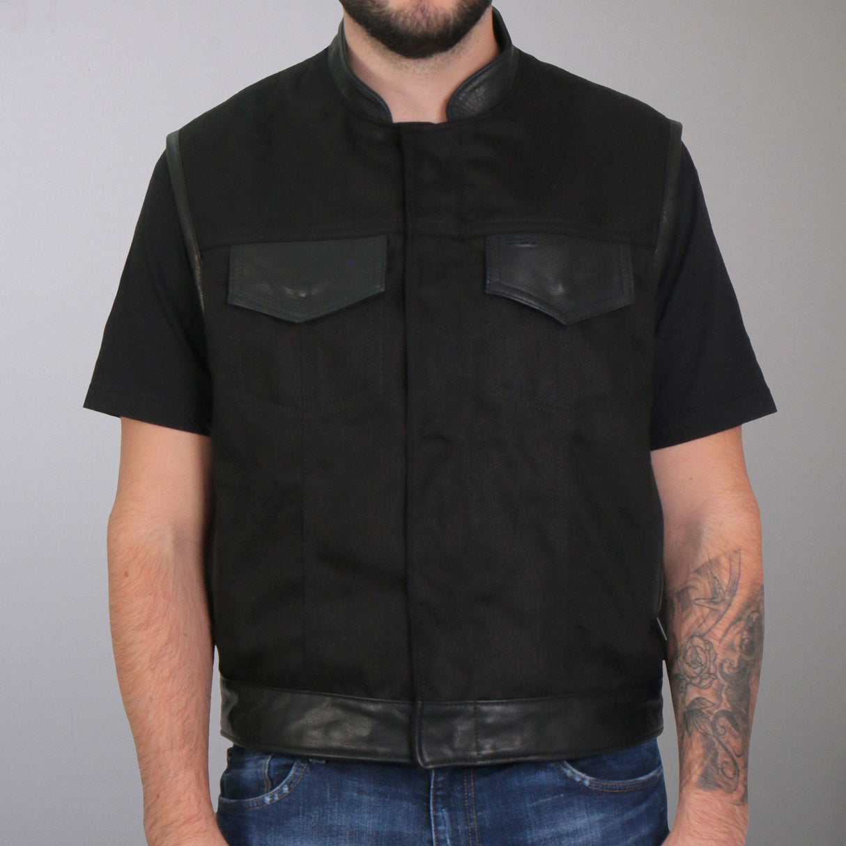 Made in the USA - Hot Leathers VSM5101 Men's Denim and Leather Vest with Red Lining