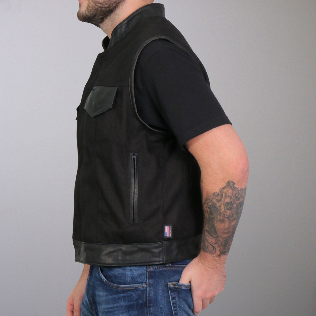 Made in the USA - Hot Leathers VSM5101 Men's Denim and Leather Vest with Red Lining