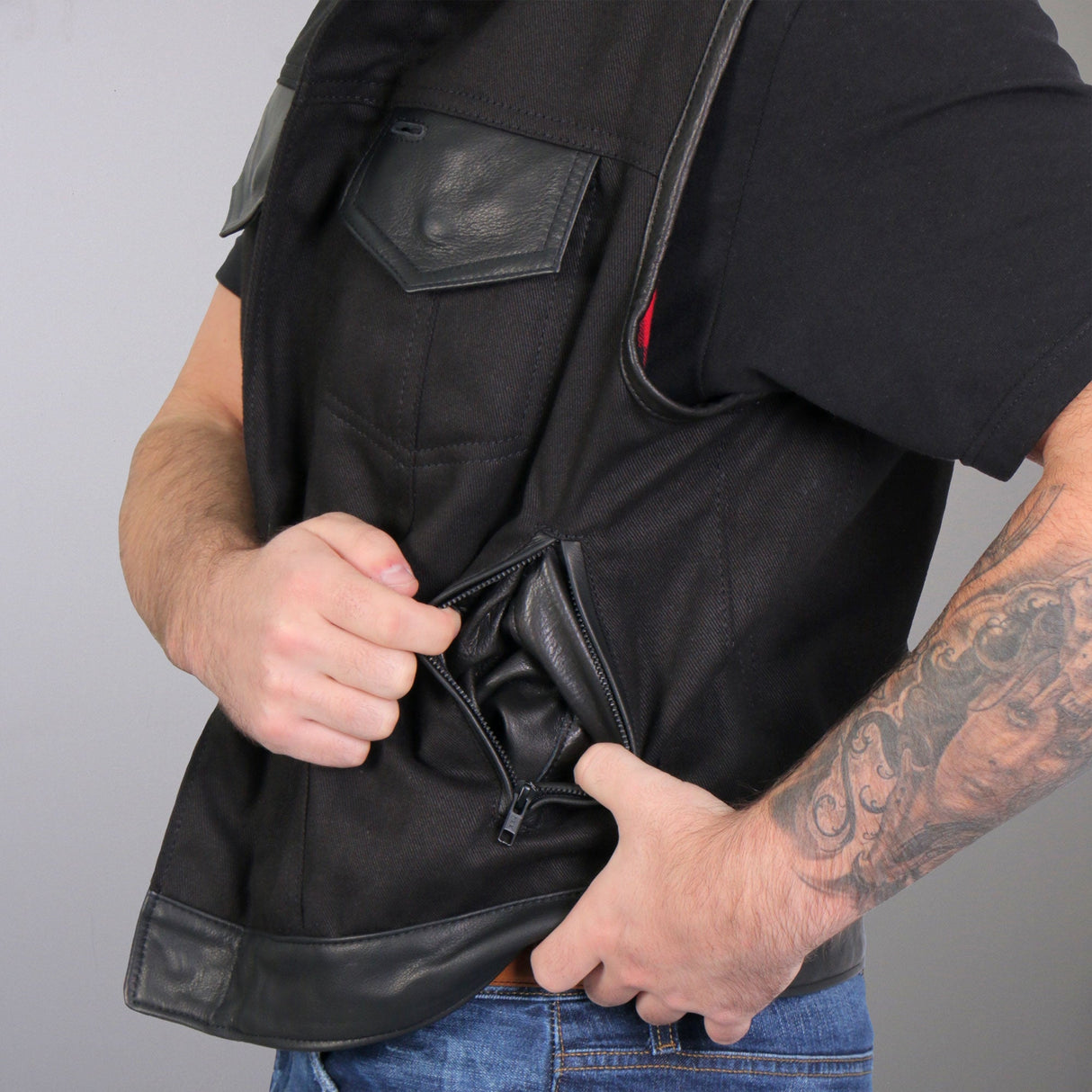 Made in the USA - Hot Leathers VSM5101 Men's Denim and Leather Vest with Red Lining