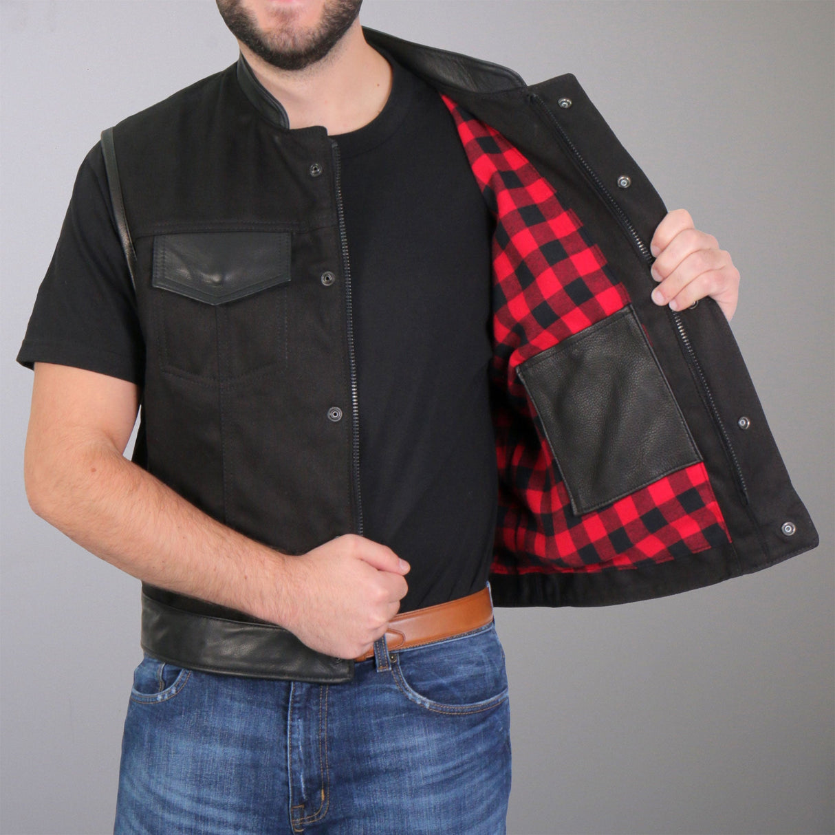 Made in the USA - Hot Leathers VSM5101 Men's Denim and Leather Vest with Red Lining