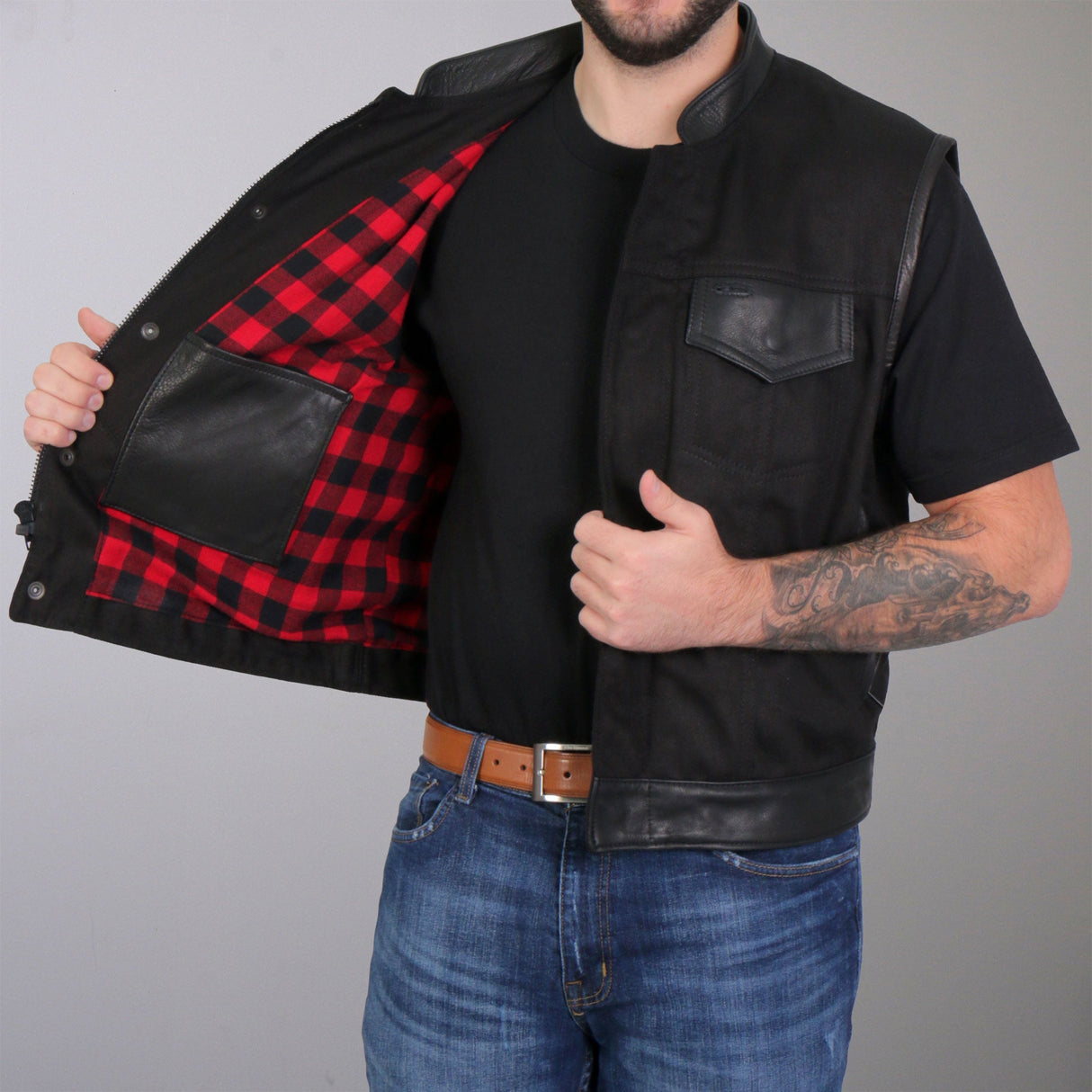 Made in the USA - Hot Leathers VSM5101 Men's Denim and Leather Vest with Red Lining