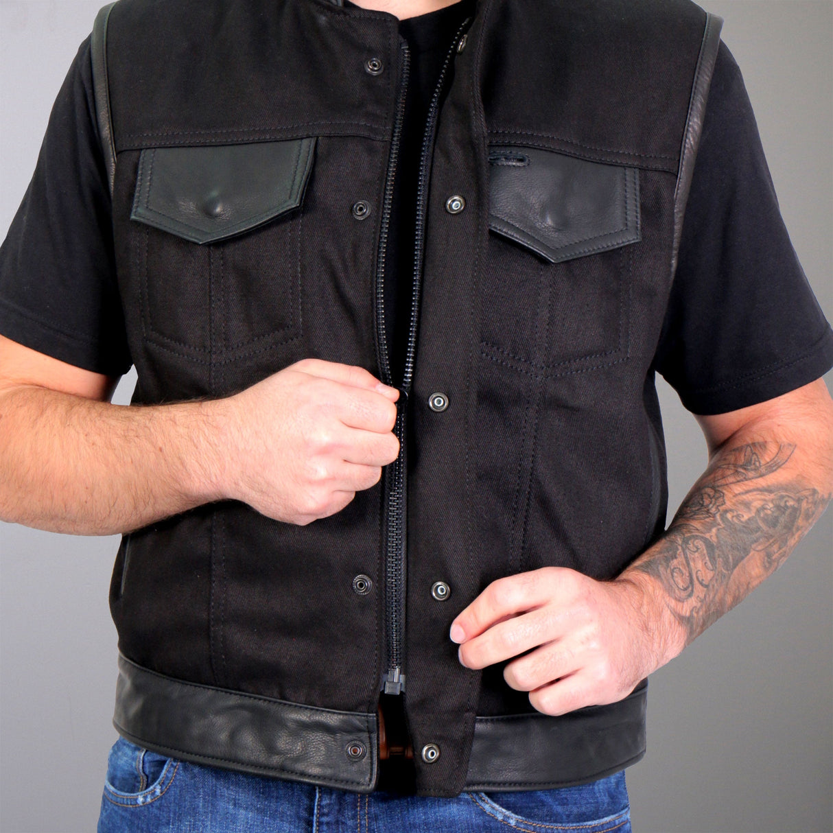 Made in the USA - Hot Leathers VSM5101 Men's Denim and Leather Vest with Red Lining