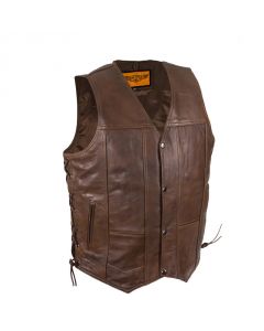 Brown 10 Pocket Leather Motorcycle Vest with Side Laces - RTMV310-BRN-11