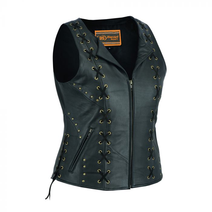 Ladies Lace Detailing Goatskin Leather Vest with Zipper Front